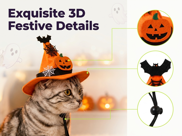 Qpets Adjustable Halloween Witch Hat for Cats and Small Dogs with Soft Cloth and Lace Details