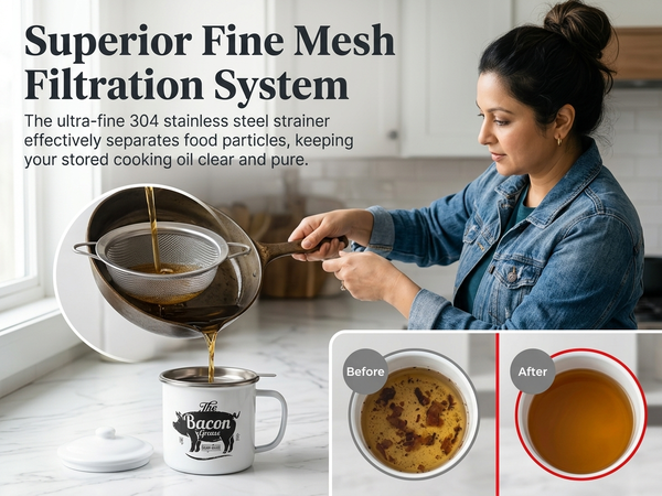 HASTHIP Grease Container with Strainer Enamel for Kitchens Use