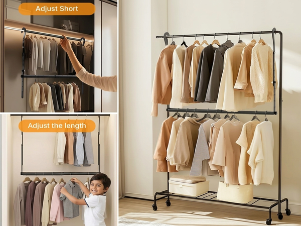 HASTHIP Adjustable Hanging Closet Rod with Telescopic Width and Multi-Level Height Settings