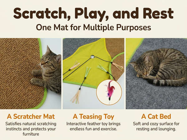 Qpets Sisal Cat Scratching Mat with Four Hanging Strings, Soft Fleece Centre and Anti-Slip Backing