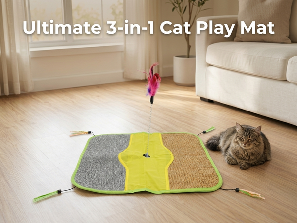 Qpets Sisal Cat Scratching Mat with Four Hanging Strings, Soft Fleece Centre and Anti-Slip Backing