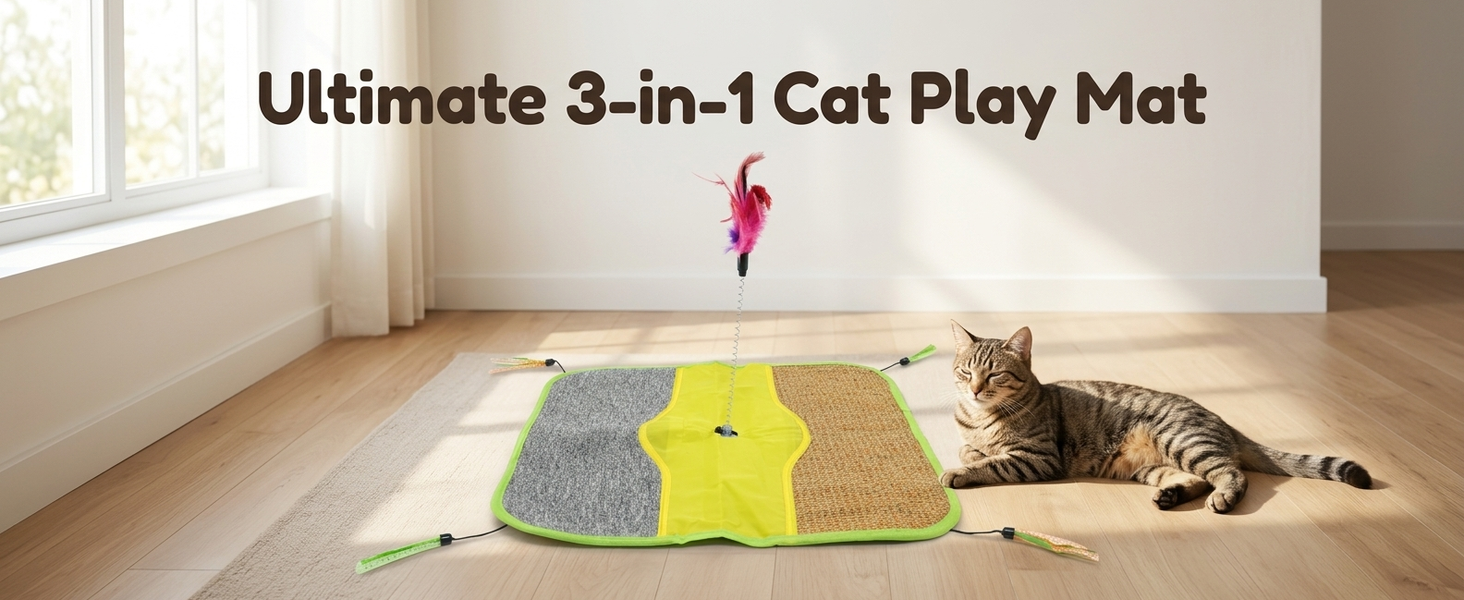 Qpets Sisal Cat Scratching Mat with Four Hanging Strings, Soft Fleece Centre and Anti-Slip Backing