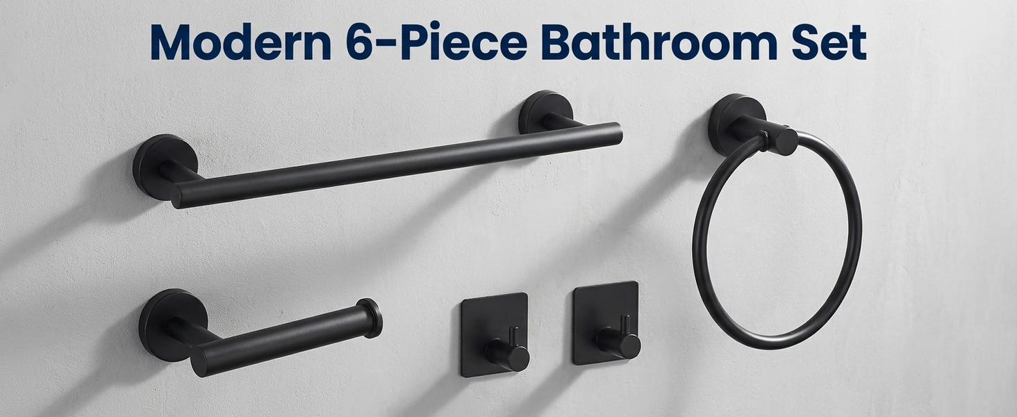 HASTHIP 6Pcs Bathroom Hardware Set, Matte Black SUS304 Stainless Steel Wall Mounted