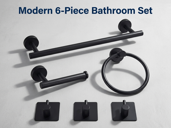 HASTHIP 6Pcs Bathroom Hardware Set, Matte Black SUS304 Stainless Steel Wall Mounted