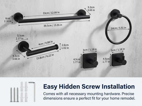 HASTHIP 6Pcs Bathroom Hardware Set, Matte Black SUS304 Stainless Steel Wall Mounted