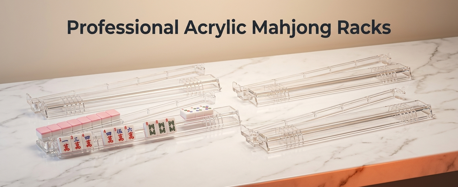 HASTHIP 4-Pack Clear Acrylic Mahjong Tile Racks with Built-In Pushers and Non-Slip Bases