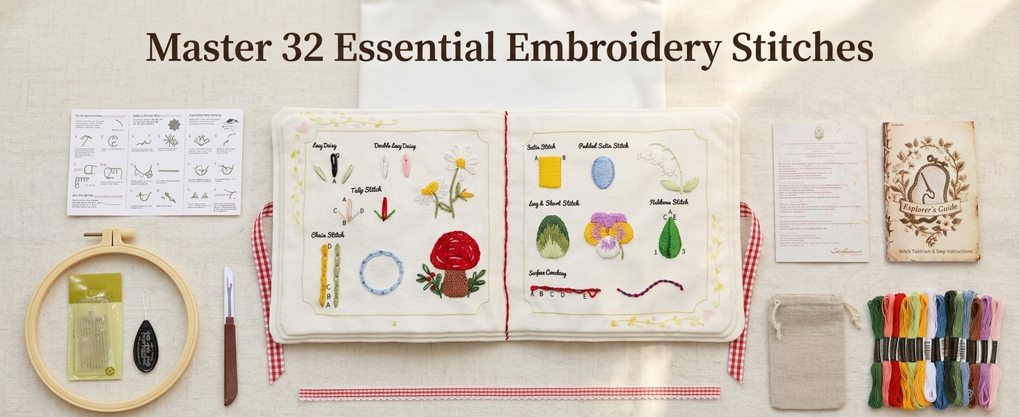 HASTHIP Embroidery Stitch Book for Beginners with 32 Guided Stitches and Bound Fabric Practice Pages