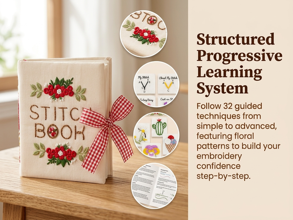 HASTHIP Embroidery Stitch Book for Beginners with 32 Guided Stitches and Bound Fabric Practice Pages