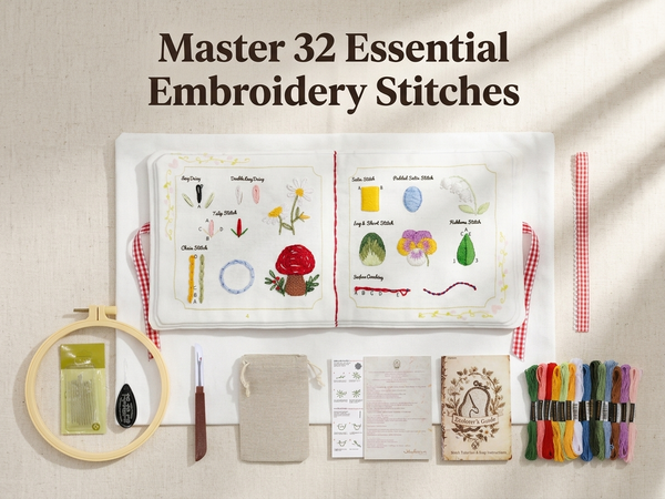 HASTHIP Embroidery Stitch Book for Beginners with 32 Guided Stitches and Bound Fabric Practice Pages