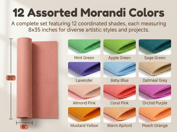 HASTHIP 8"x35" Stiff Felt Sheets, 12 Morandi Colours for Creative Crafts, Sewing and DIY Projects