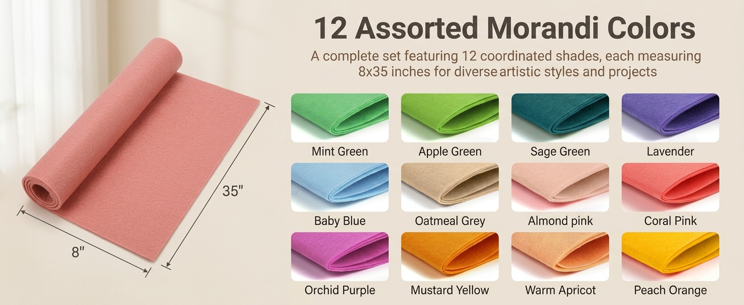 HASTHIP 8"x35" Stiff Felt Sheets, 12 Morandi Colours for Creative Crafts, Sewing and DIY Projects