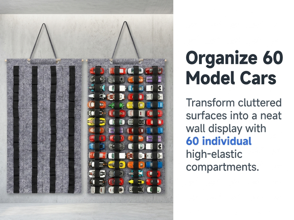 HASTHIP Hanging Felt Display Case for 60 Diecast Cars with 60 Pockets and Foldable Design