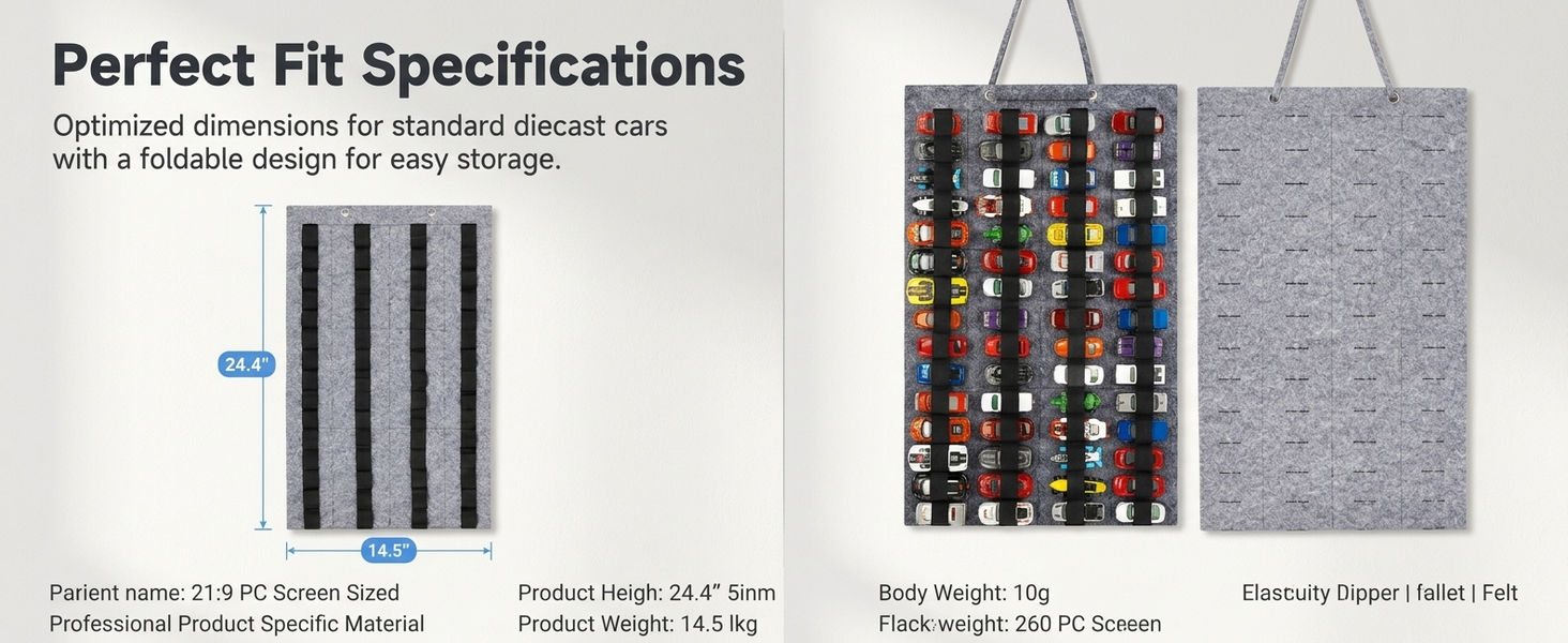 HASTHIP Hanging Felt Display Case for 60 Diecast Cars with 60 Pockets and Foldable Design
