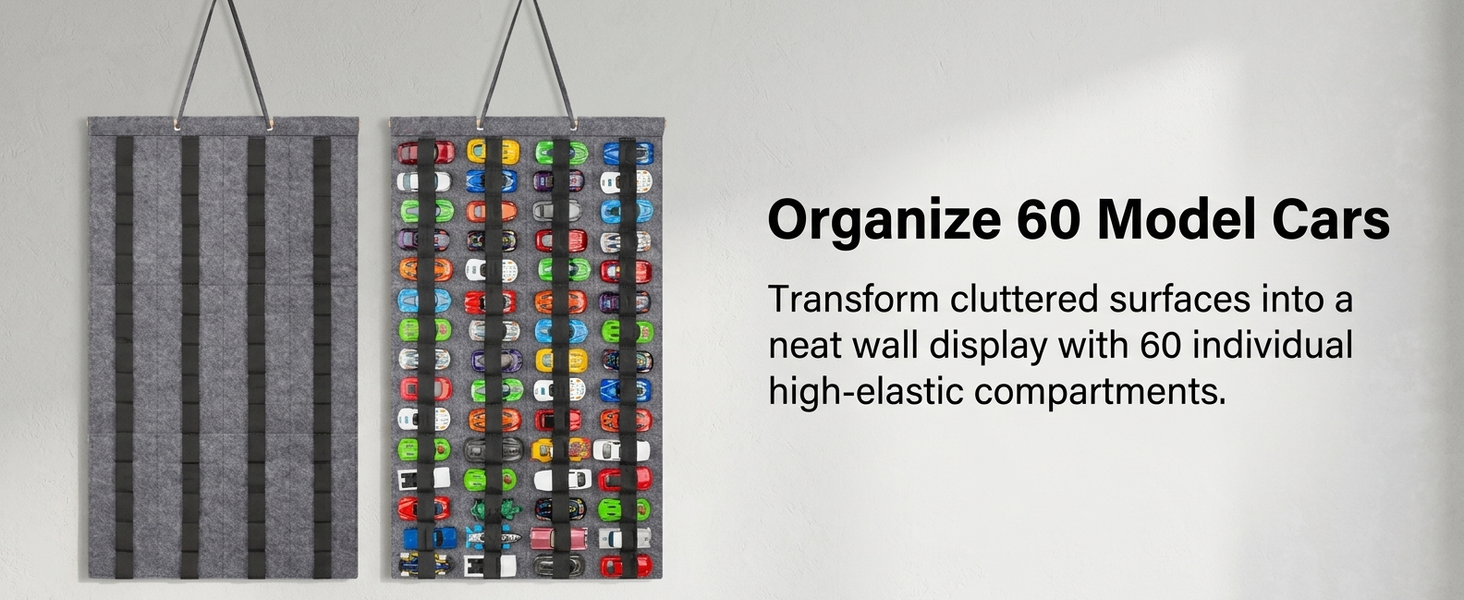 HASTHIP Hanging Felt Display Case for 60 Diecast Cars with 60 Pockets and Foldable Design