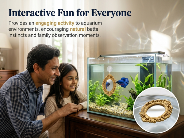 Qpets Betta Fish Floating Mirror Tank Decor with PVC Frame, Glass Mirror and Tool-Free Setup