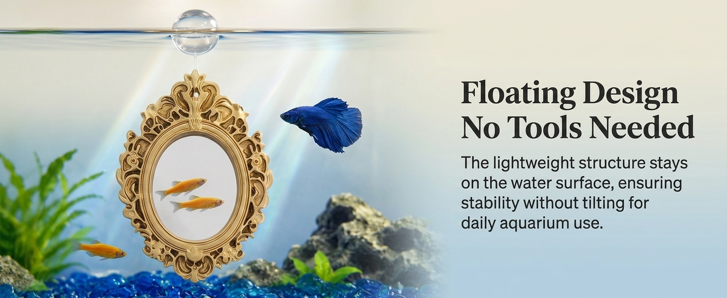 Qpets Betta Fish Floating Mirror Tank Decor with PVC Frame, Glass Mirror and Tool-Free Setup
