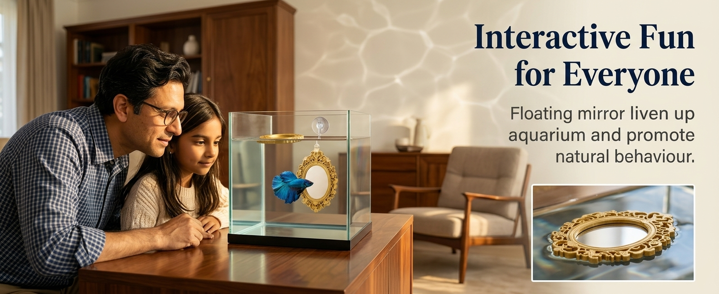 Qpets Betta Fish Floating Mirror Tank Decor with PVC Frame, Glass Mirror and Tool-Free Setup