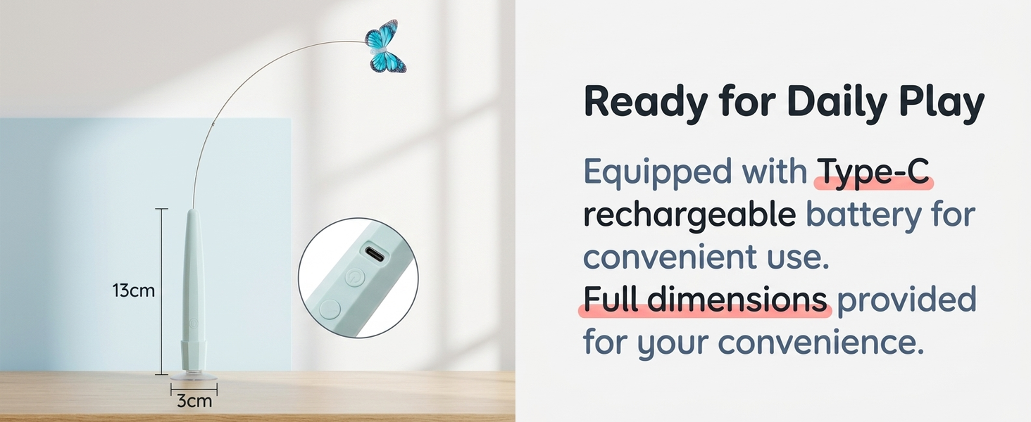 Qpets Rechargeable Butterfly Cat Toy with Flexible Cord, Suction-Cup Base and Two Play Modes