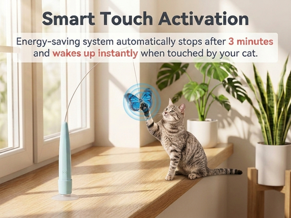 Qpets Rechargeable Butterfly Cat Toy with Flexible Cord, Suction-Cup Base and Two Play Modes