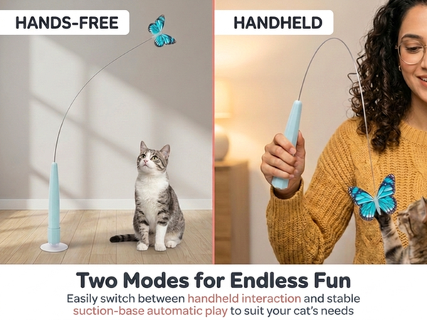 Qpets Rechargeable Butterfly Cat Toy with Flexible Cord, Suction-Cup Base and Two Play Modes