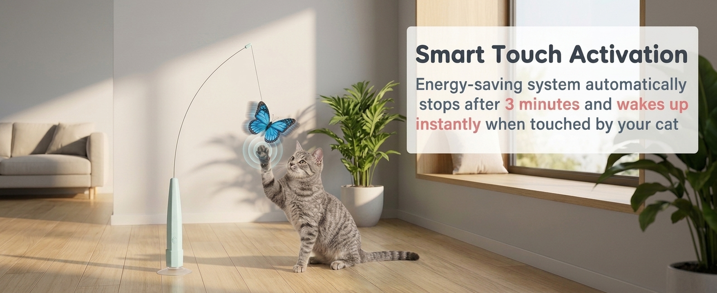 Qpets Rechargeable Butterfly Cat Toy with Flexible Cord, Suction-Cup Base and Two Play Modes