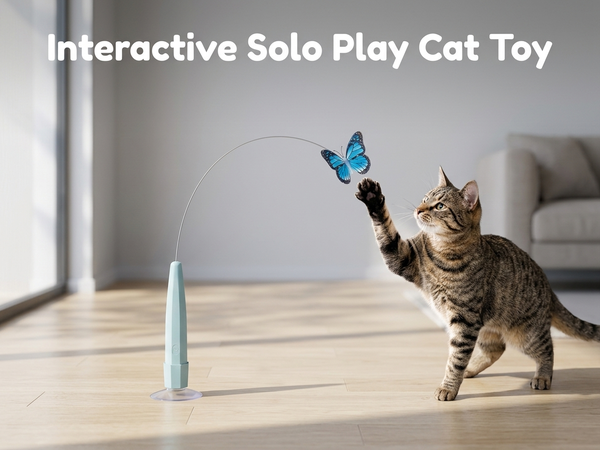 Qpets Rechargeable Butterfly Cat Toy with Flexible Cord, Suction-Cup Base and Two Play Modes