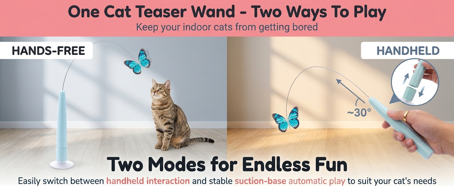 Qpets Rechargeable Butterfly Cat Toy with Flexible Cord, Suction-Cup Base and Two Play Modes