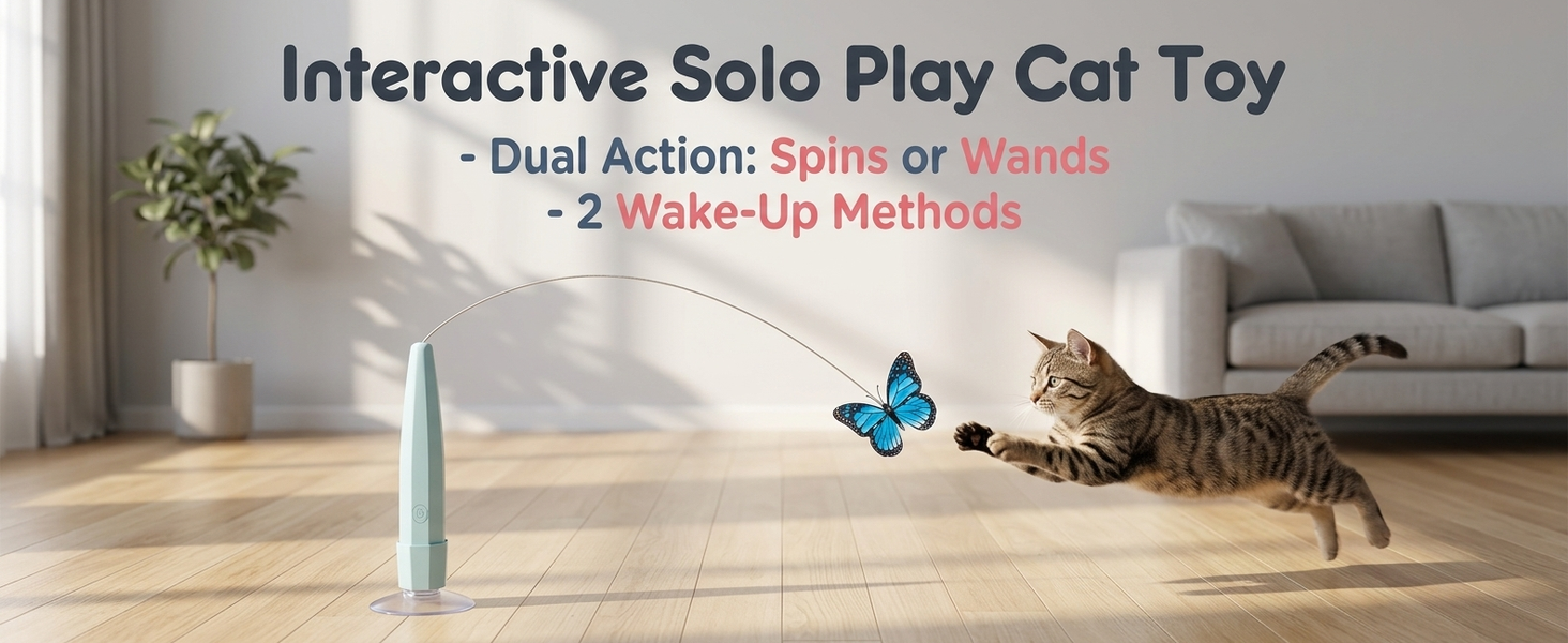 Qpets Rechargeable Butterfly Cat Toy with Flexible Cord, Suction-Cup Base and Two Play Modes