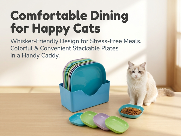 Qpets Whisker-Friendly Cat Bowls with Wide Shallow Design and Organizing Holder Tray