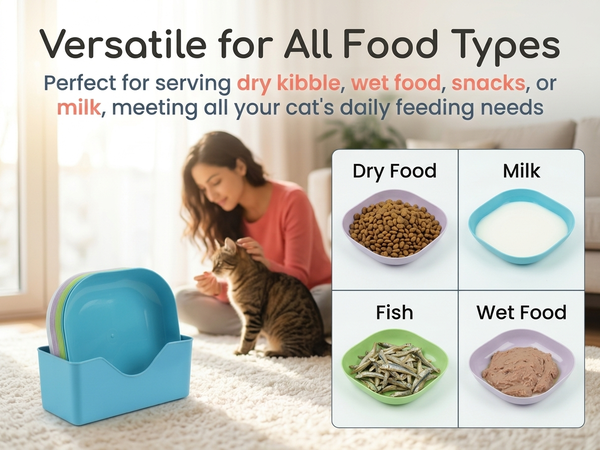 Qpets Whisker-Friendly Cat Bowls with Wide Shallow Design and Organizing Holder Tray