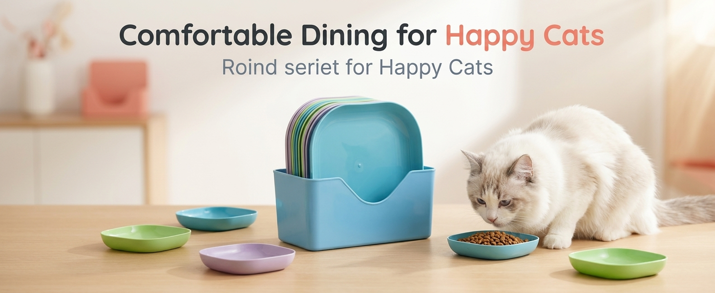 Qpets Whisker-Friendly Cat Bowls with Wide Shallow Design and Organizing Holder Tray