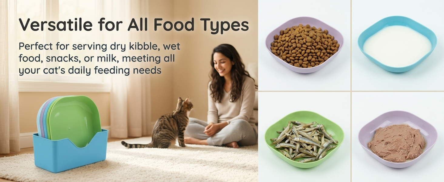 Qpets Whisker-Friendly Cat Bowls with Wide Shallow Design and Organizing Holder Tray