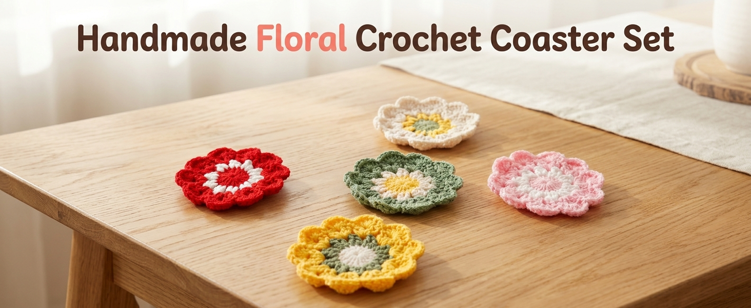 HASTHIP Crochet Cotton Coasters, Set of Five Floral Drink Mats for Cups and Mugs