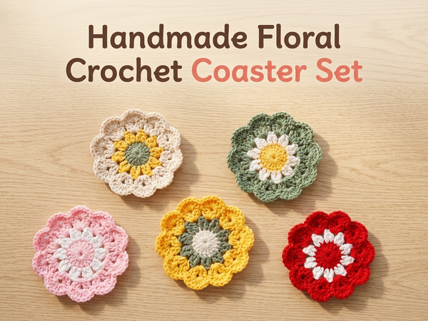 HASTHIP Crochet Cotton Coasters, Set of Five Floral Drink Mats for Cups and Mugs