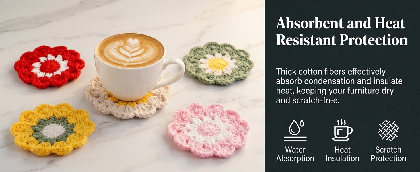 HASTHIP Crochet Cotton Coasters, Set of Five Floral Drink Mats for Cups and Mugs