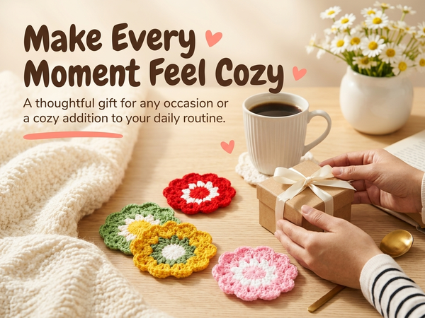 HASTHIP Crochet Cotton Coasters, Set of Five Floral Drink Mats for Cups and Mugs