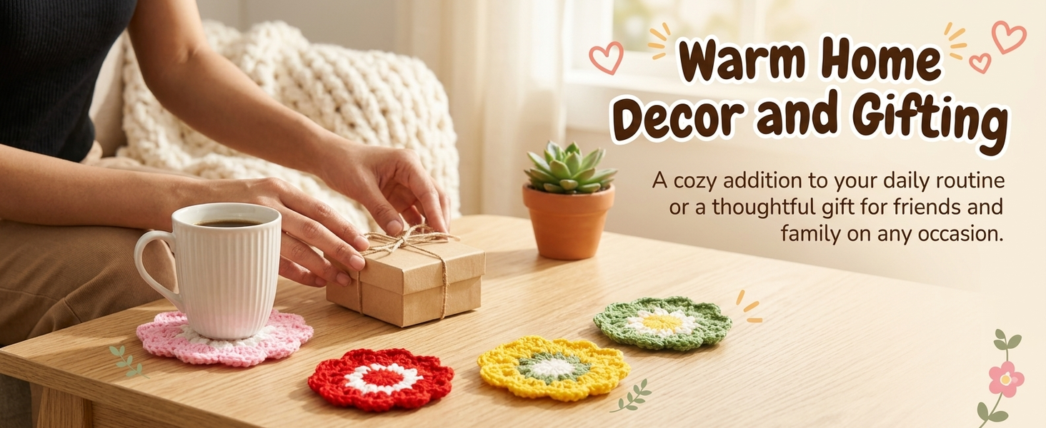 HASTHIP Crochet Cotton Coasters, Set of Five Floral Drink Mats for Cups and Mugs