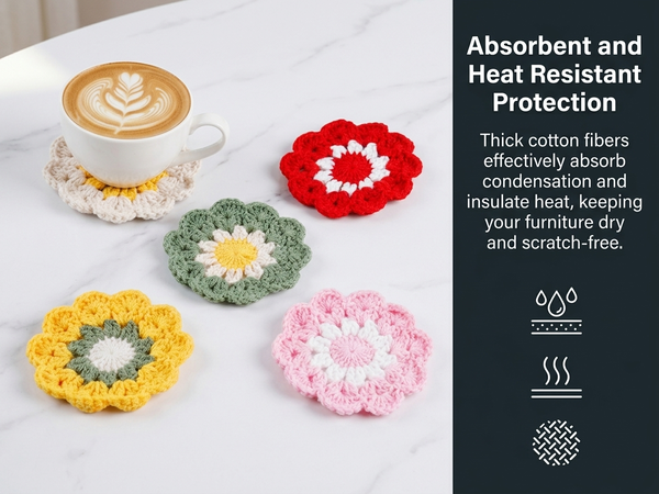 HASTHIP Crochet Cotton Coasters, Set of Five Floral Drink Mats for Cups and Mugs