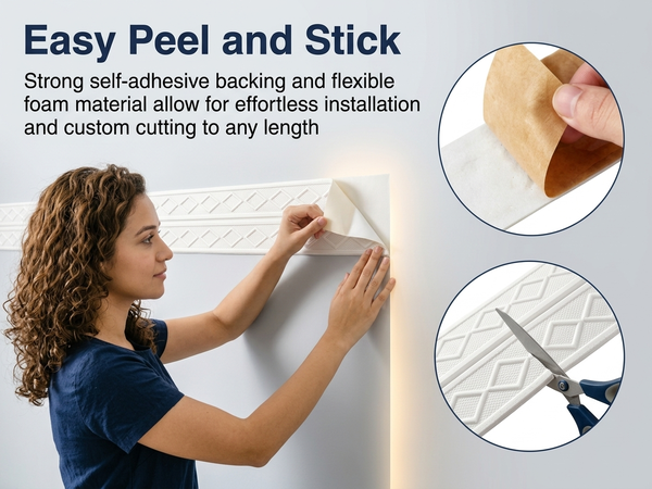 HASTHIP Self-Adhesive 3D Foam Wall Trim Border for Flexible Edge and Corner Finishing