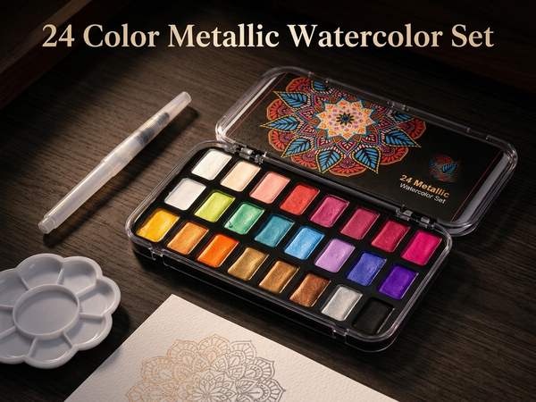 HASTHIP 24 Color Metallic Watercolor Paint Set with Shimmering Solid Pigments and Portable Mandala Case