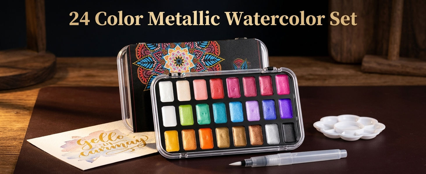 HASTHIP 24 Color Metallic Watercolor Paint Set with Shimmering Solid Pigments and Portable Mandala Case