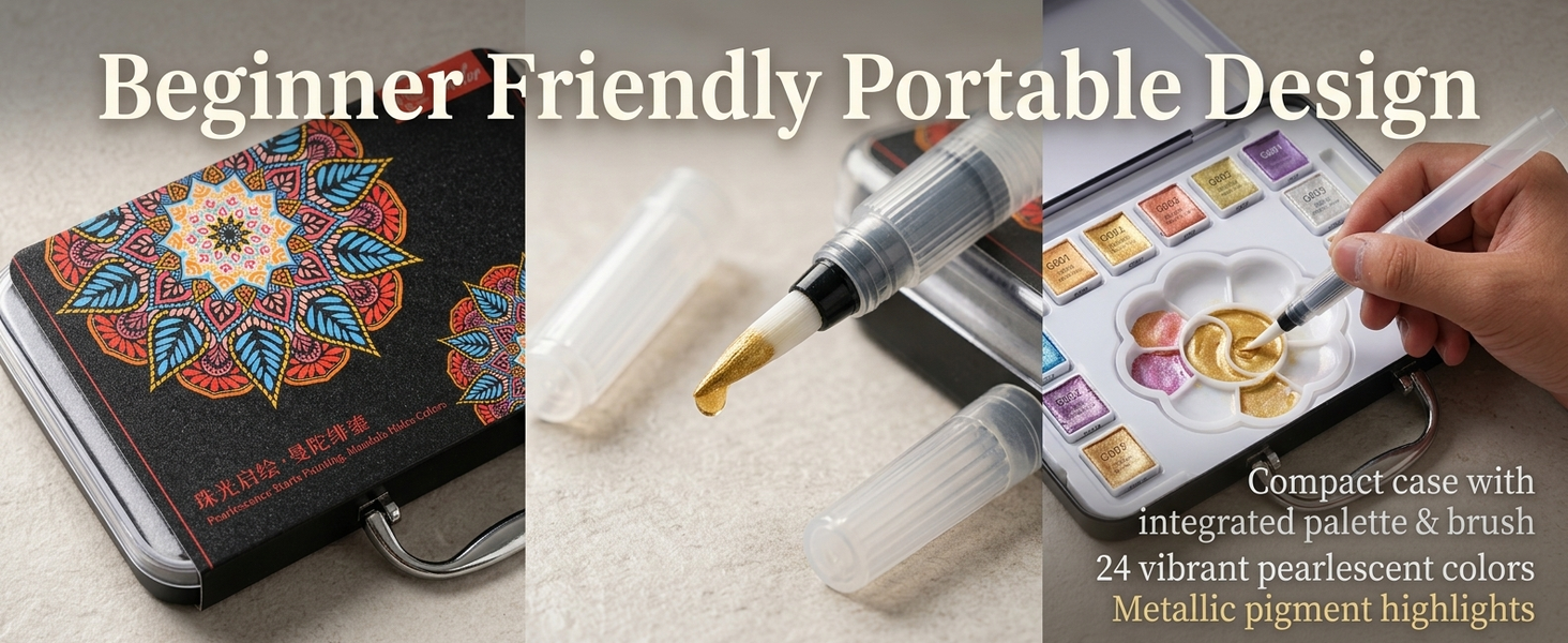HASTHIP 24 Color Metallic Watercolor Paint Set with Shimmering Solid Pigments and Portable Mandala Case