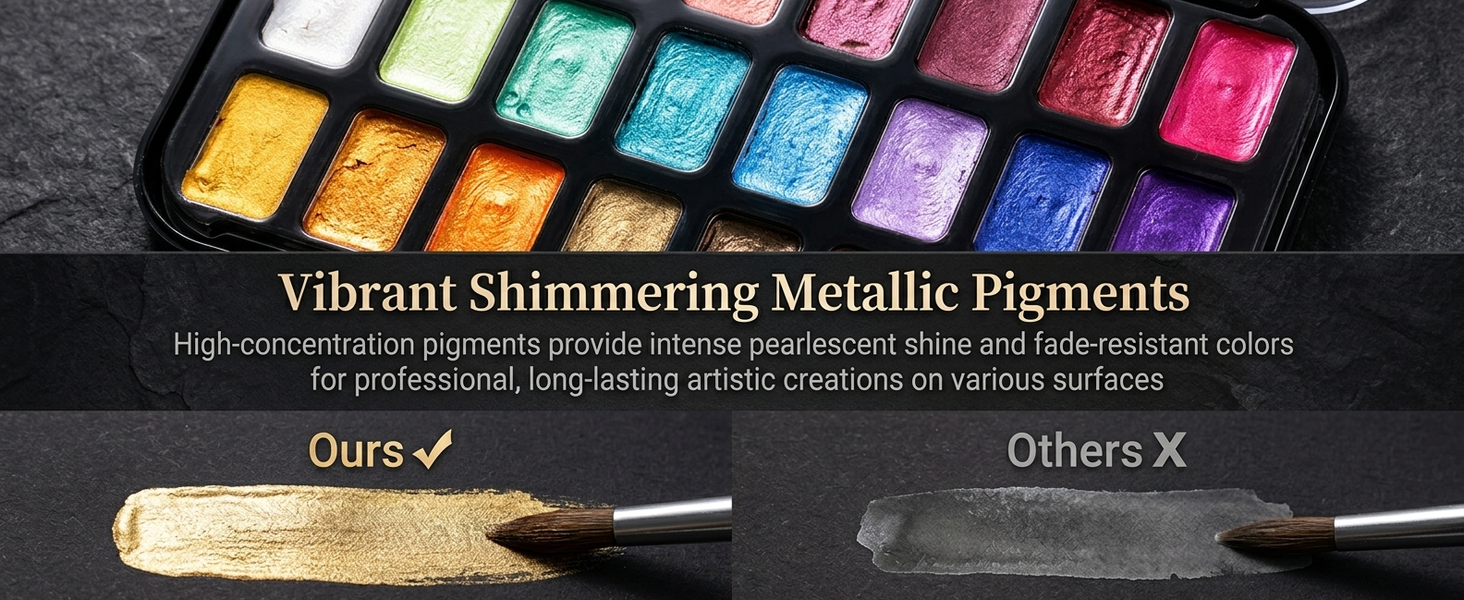 HASTHIP 24 Color Metallic Watercolor Paint Set with Shimmering Solid Pigments and Portable Mandala Case
