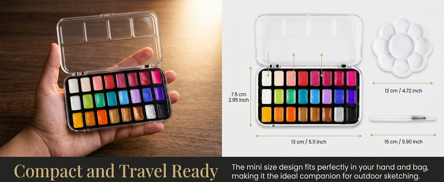 HASTHIP 24 Color Metallic Watercolor Paint Set with Shimmering Solid Pigments and Portable Mandala Case