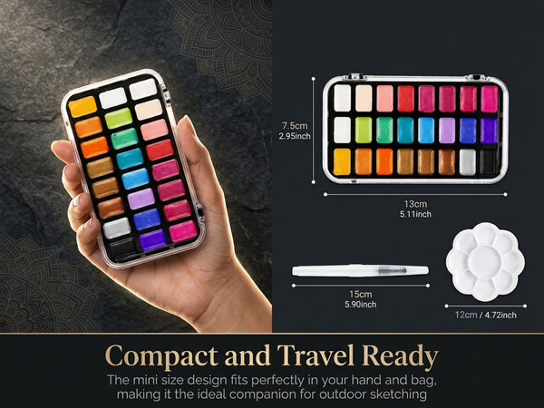 HASTHIP 24 Color Metallic Watercolor Paint Set with Shimmering Solid Pigments and Portable Mandala Case