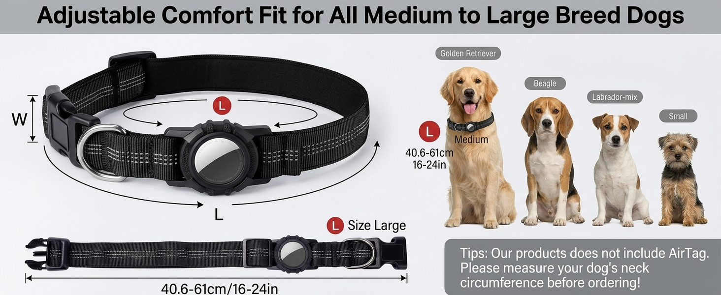 Qpets Reflective AirTag Dog Collar for Medium Dogs with Waterproof Holder, Padding and Dual D Rings