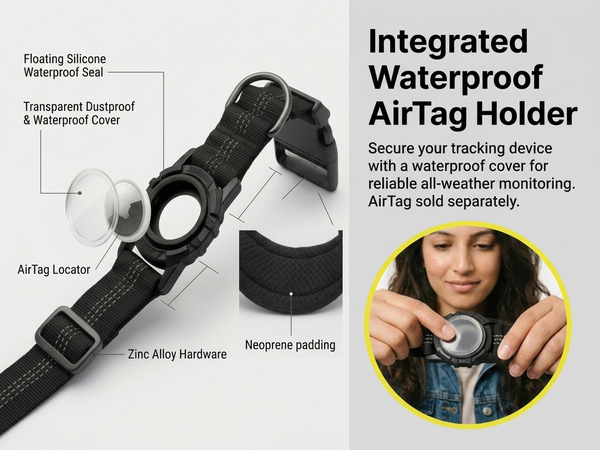 Qpets Reflective AirTag Dog Collar for Medium Dogs with Waterproof Holder, Padding and Dual D Rings