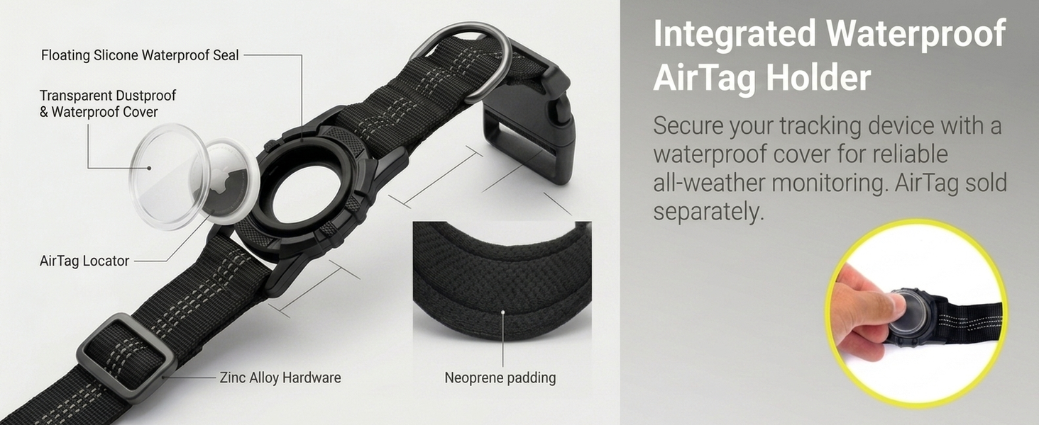 Qpets Reflective AirTag Dog Collar for Medium Dogs with Waterproof Holder, Padding and Dual D Rings