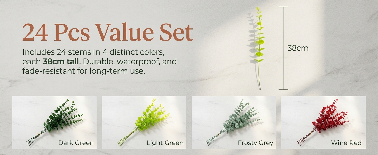 HASTHIP Artificial Eucalyptus Stems with Flexible Branches and Silk Leaves for Home and Events