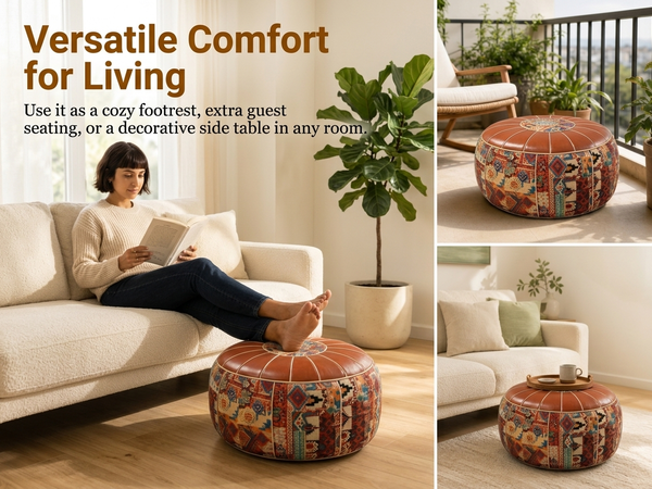 HASTHIP Round Synthetic Leather Pouf Cover, Unfilled Moroccan Boho Style in Coffee Brown